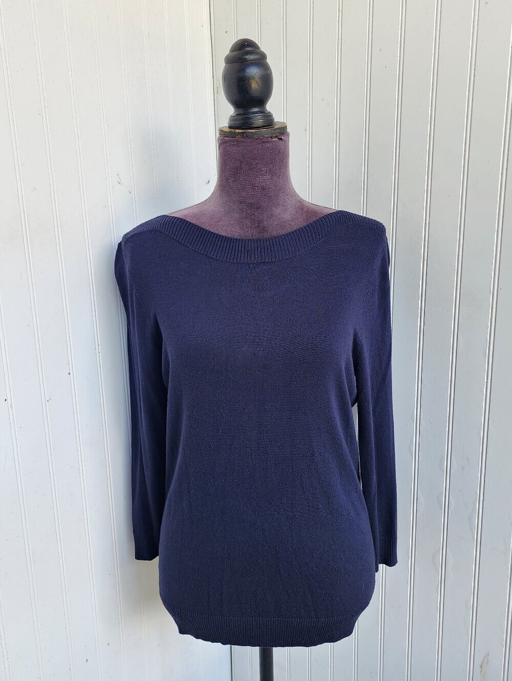 Ann Taylor Sweater Navy Blue Pullover Crew Neck Rayon Nylon Stretch 3/4 Sleeve L